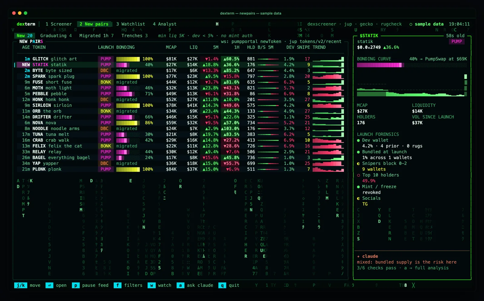 the dexterm new pairs screen on sample data: freshly created tokens arriving as rows with bonding progress bars