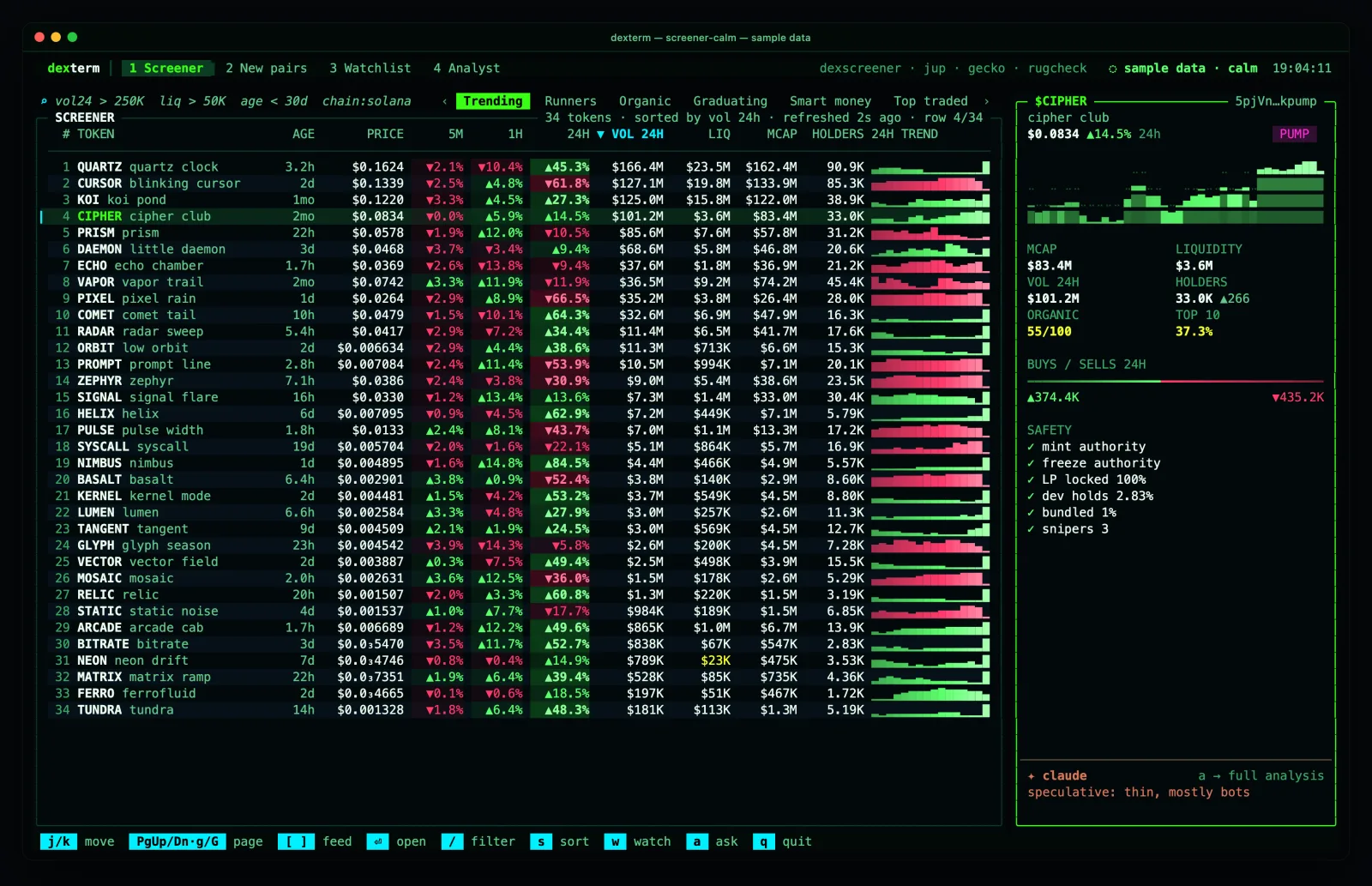the dexterm screener in calm mode on sample data: the same table with no rain, glitch or scanlines