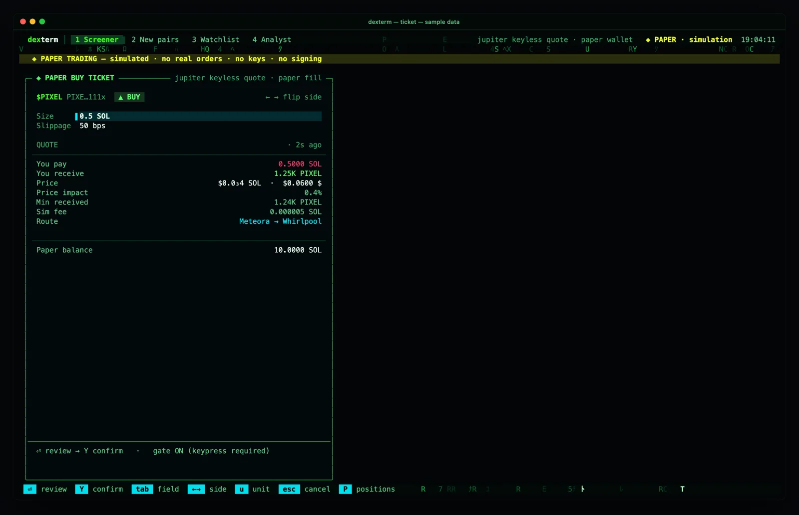 the dexterm PAPER buy ticket on sample data: a yellow PAPER TRADING banner, size and slippage fields, a quote block and the confirm hint