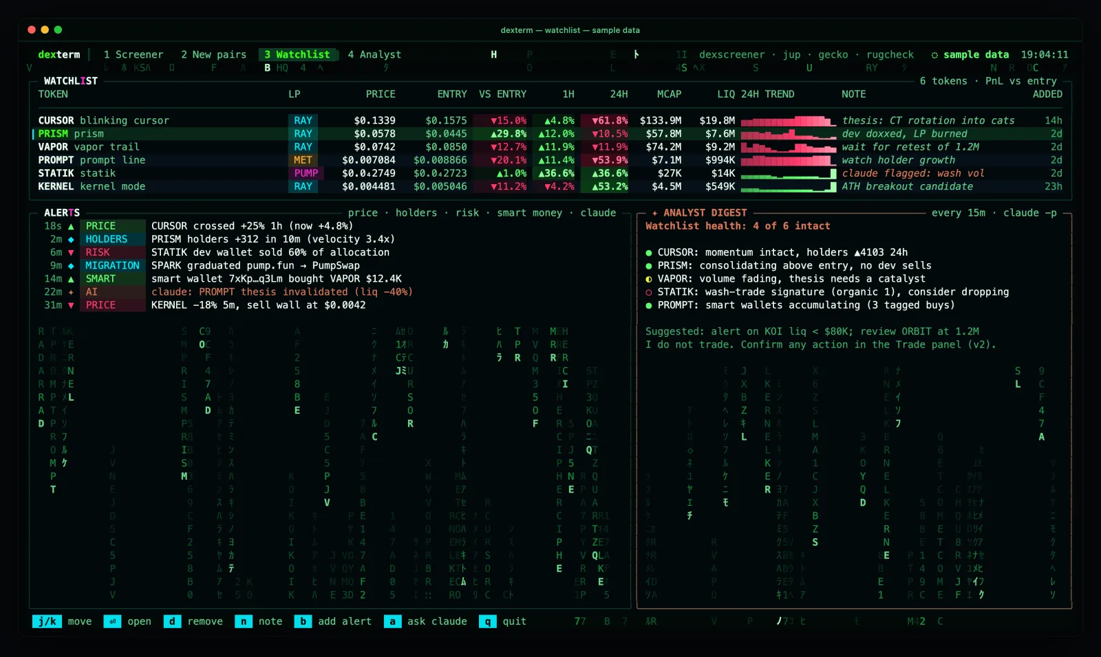 the dexterm watchlist on sample data: watched tokens with live prices, a feed badge per row and an alerts panel